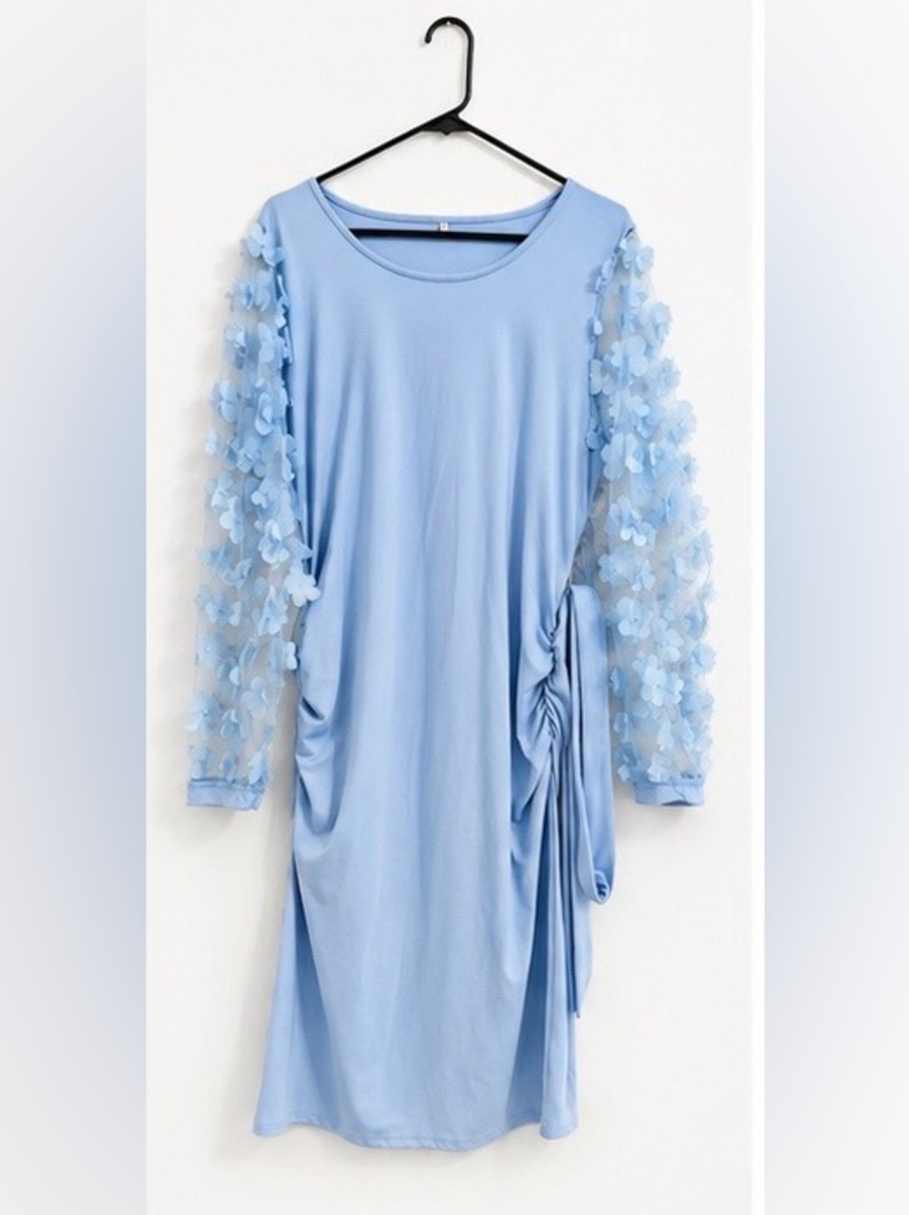 Light Blue Ruched Bodycon Dress 3D Floral Mesh Sleeves Size L